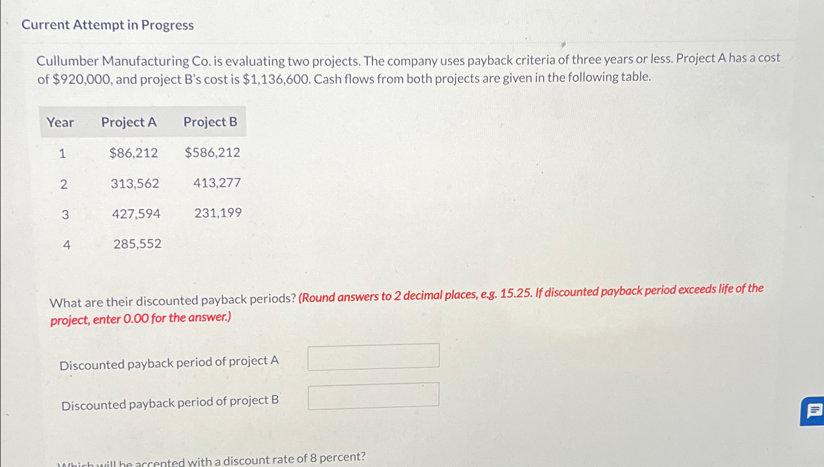 Current Attempt in Progress Cullumber Manufacturing Co. is evaluating two projects. The