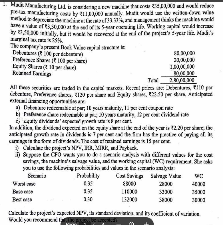 1. Mudit Manufacturing Ltd. is considering a new machine that costs 35,00,000