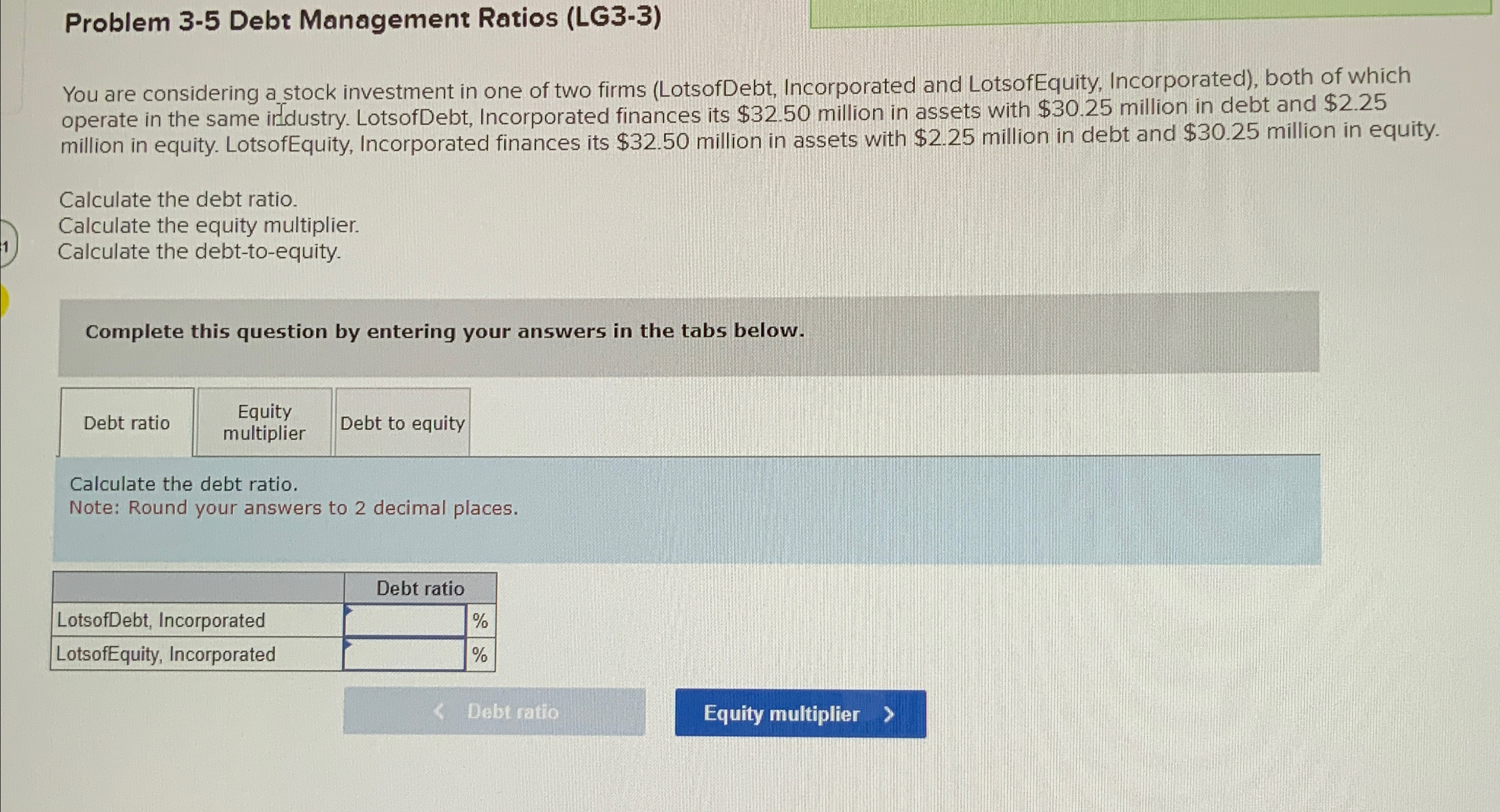Problem 3-5 Debt Management Ratios (LG3-3) You are considering a stock investment