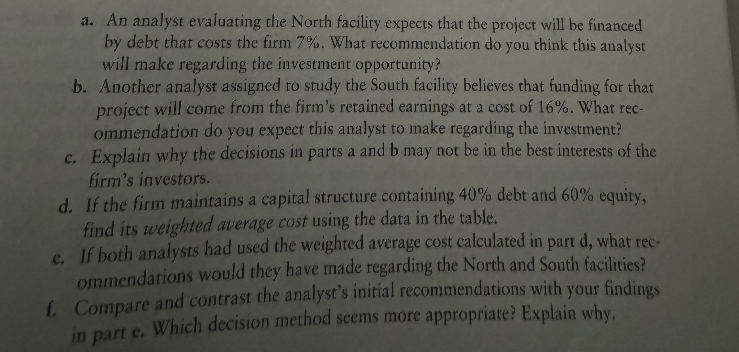 a. An analyst evaluating the North facility expects that the project will