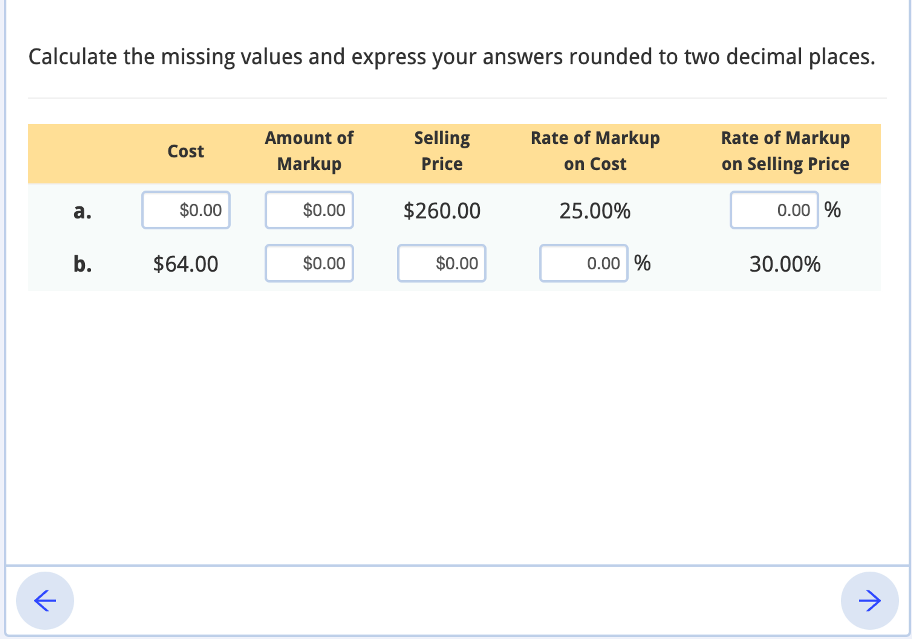 Calculate the missing values and express your answers rounded to two decimal