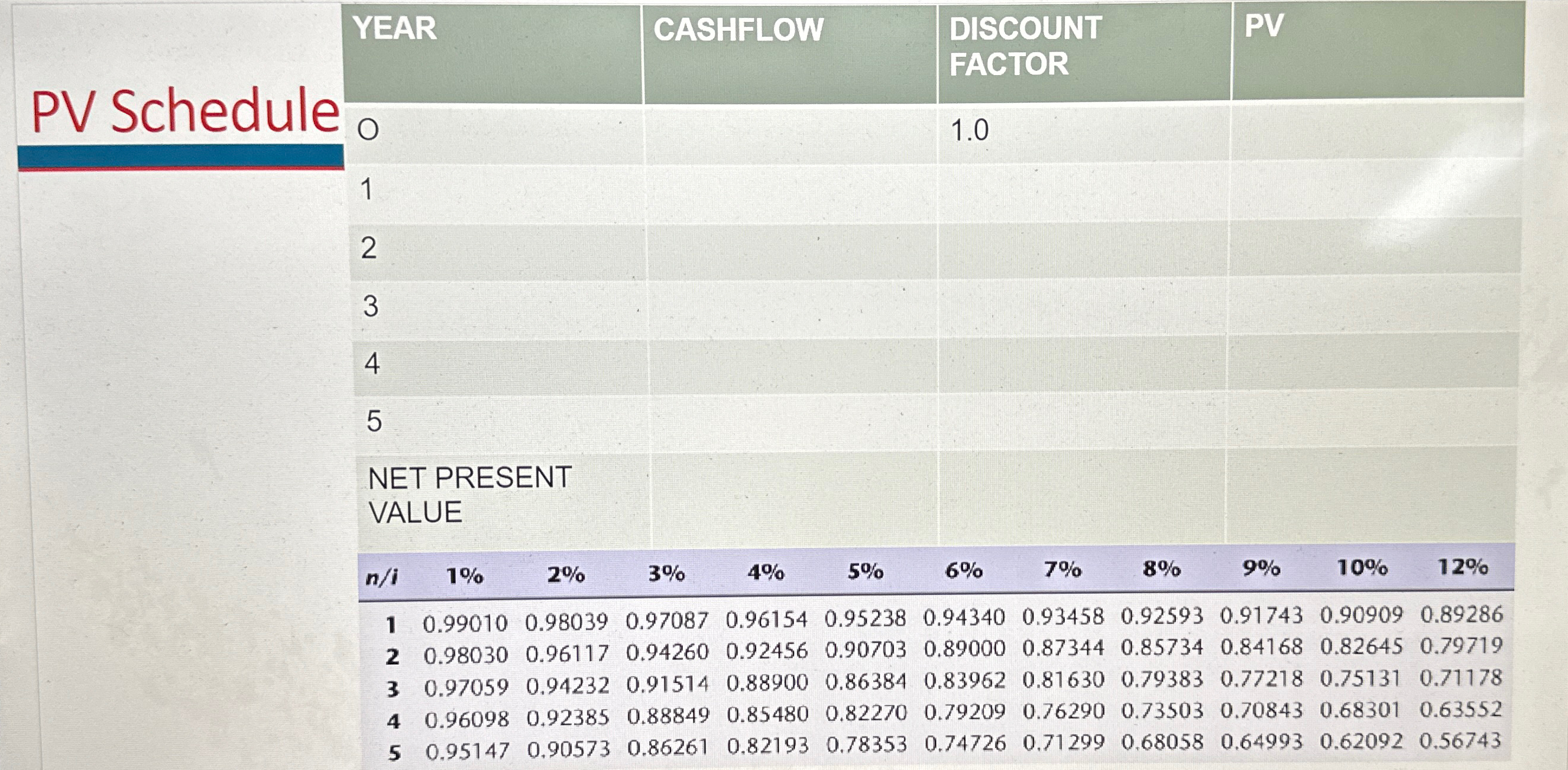 PV Schedule YEAR CASHFLOW 1 2 3 4 5 NET PRESENT VALUE