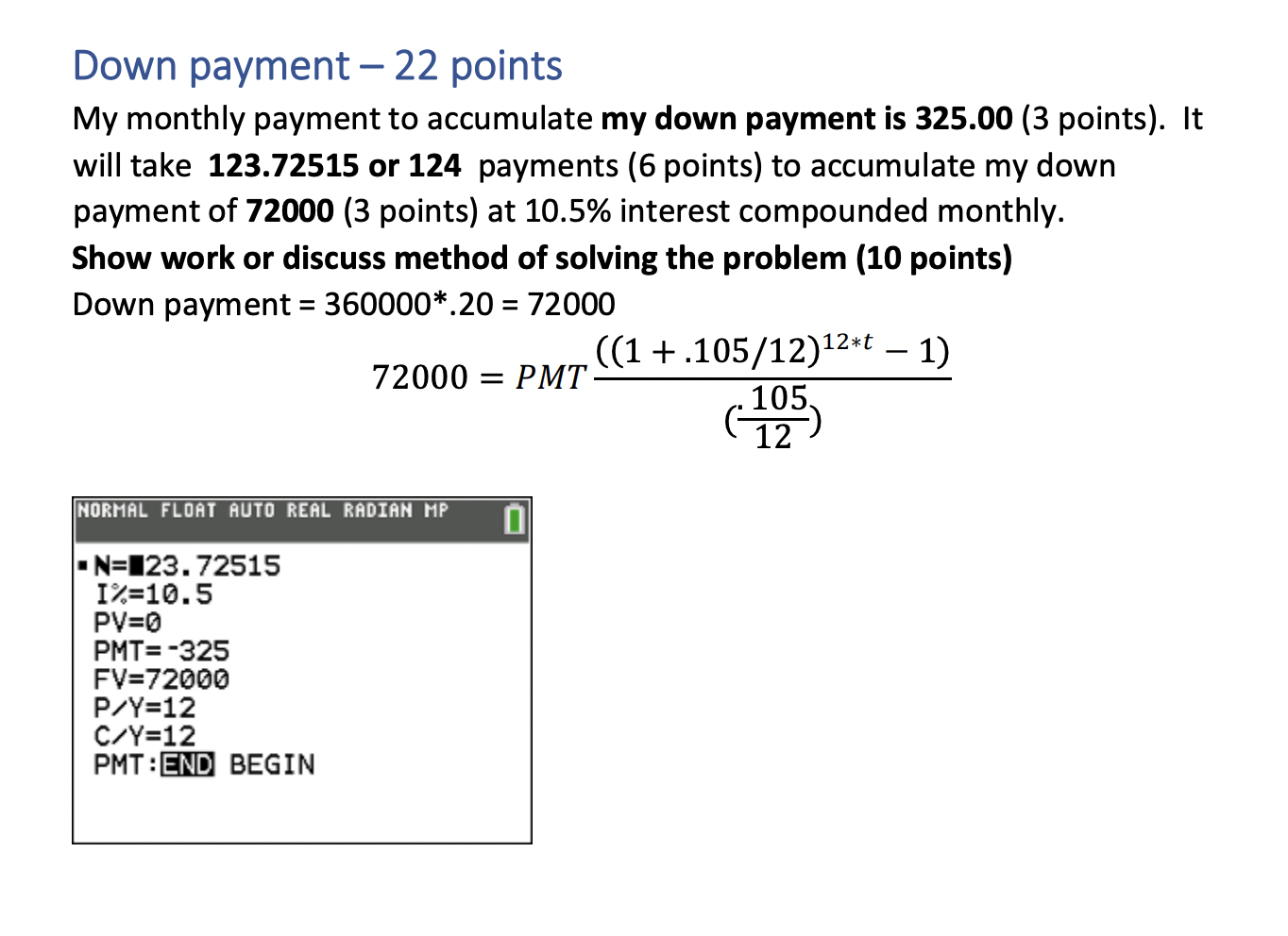 Down payment - 22 points My monthly payment to accumulate my down