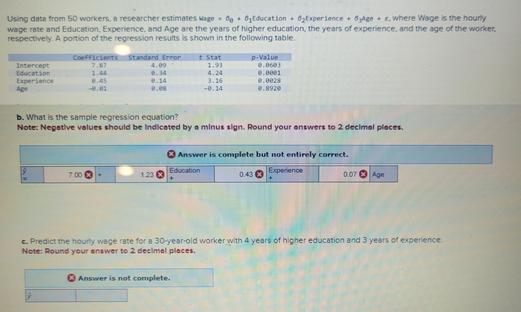 Using data from 50 workers, a researcher estimates Wage = 6 +