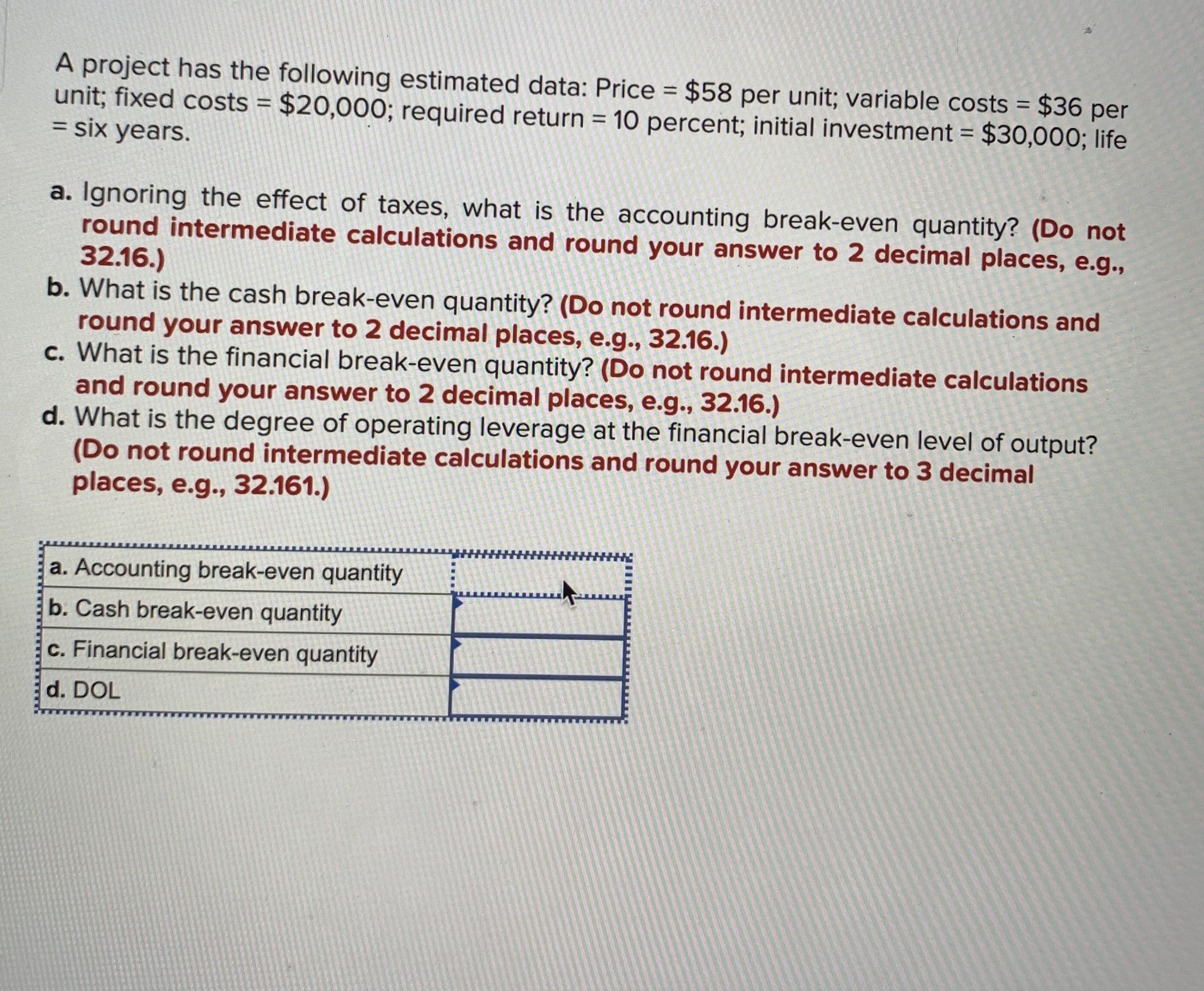 A project has the following estimated data: Price = $58 per unit;
