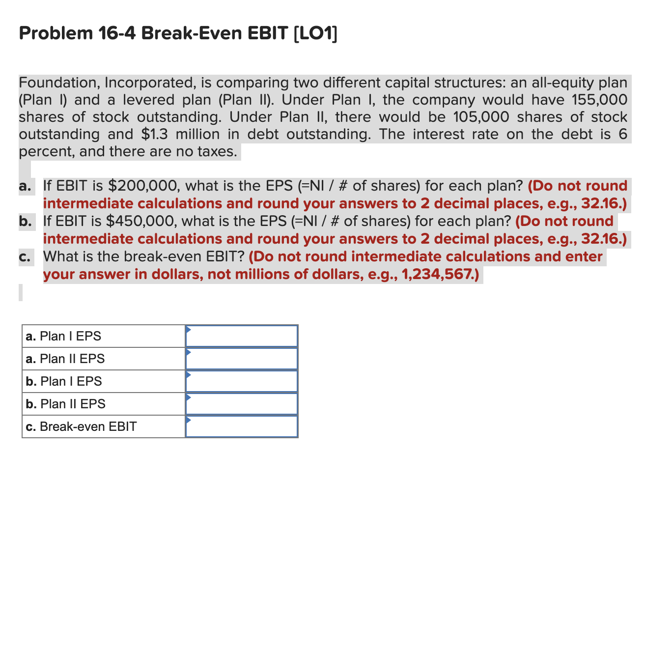 Problem 16-4 Break-Even EBIT [LO1] Foundation, Incorporated, is comparing two different capital