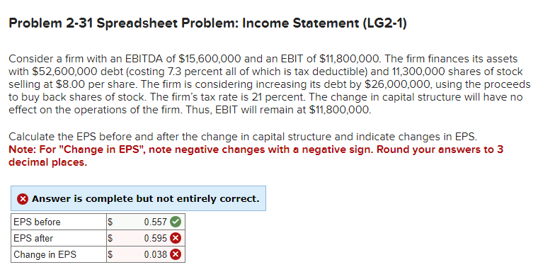 Problem 2-31 Spreadsheet Problem: Income Statement (LG2-1) Consider a firm with an