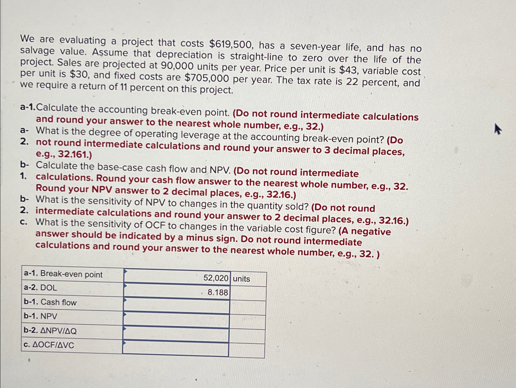 We are evaluating a project that costs $619,500, has a seven-year life,