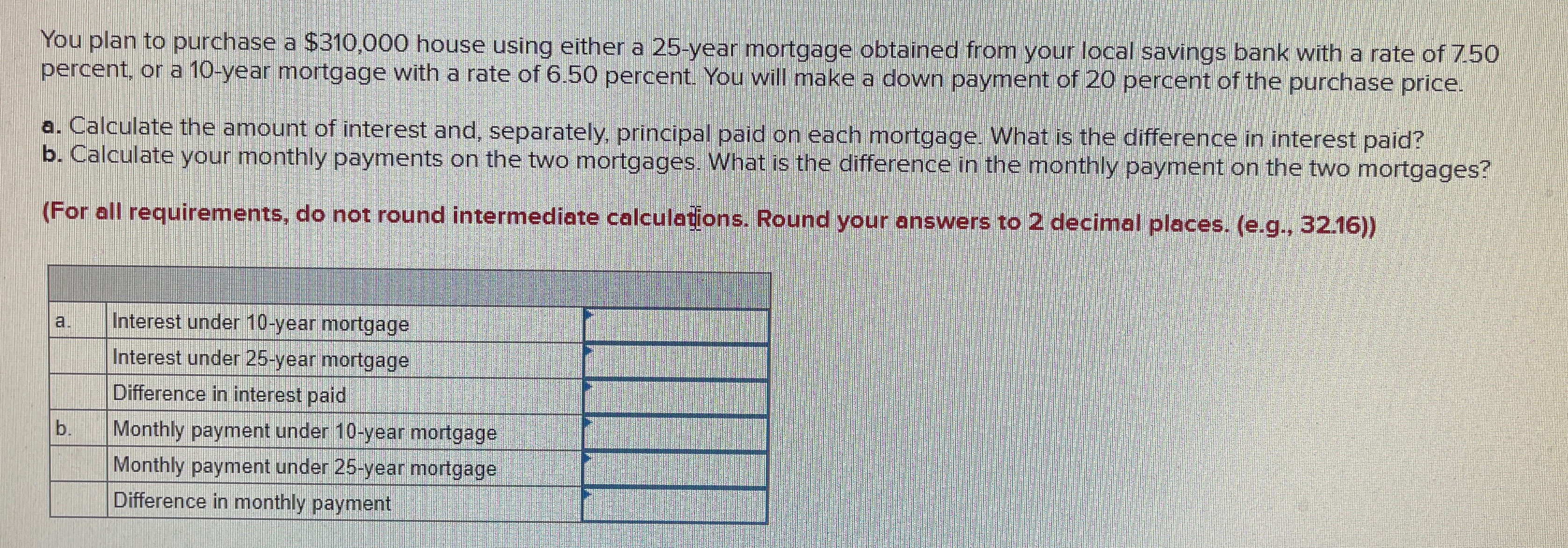 You plan to purchase a $310,000 house using either a 25-year mortgage