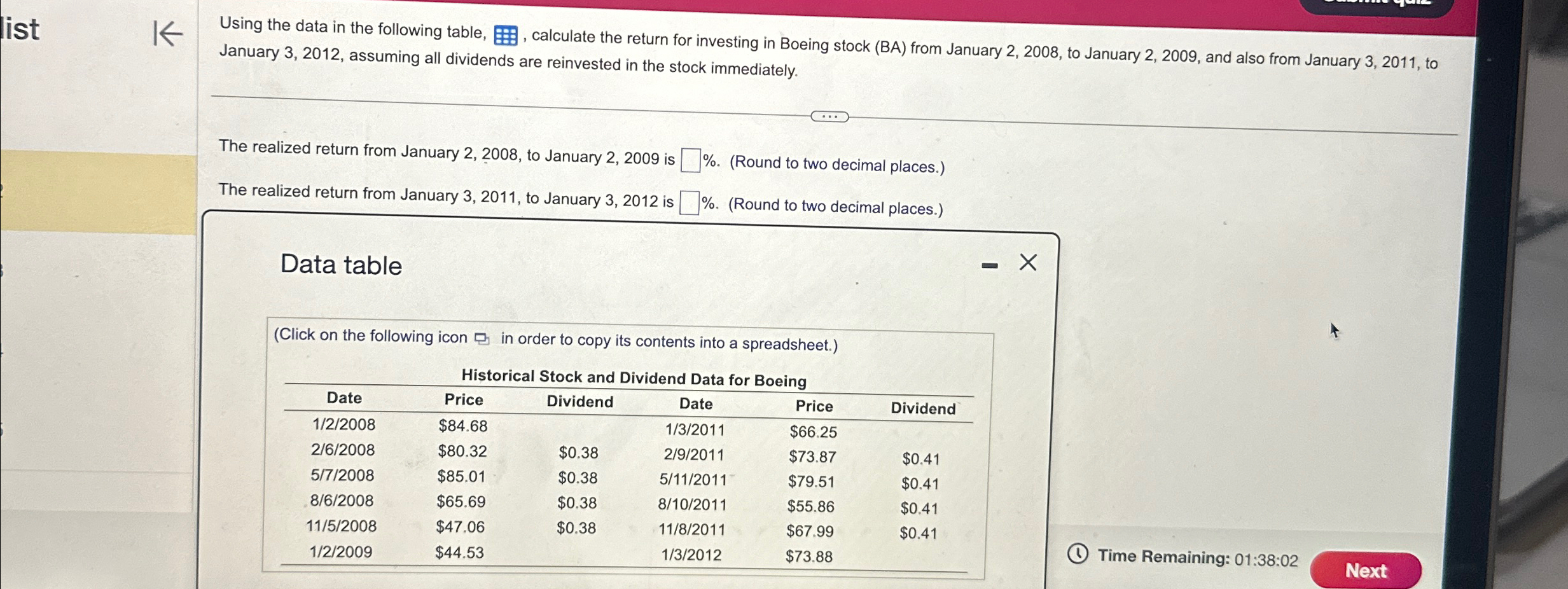list K Using the data in the following table, calculate the return