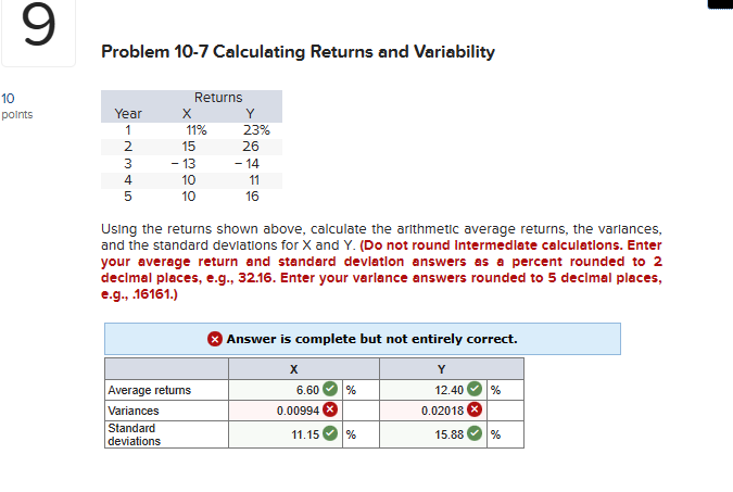10 9 Problem 10-7 Calculating Returns and Variability Returns points Year -2345