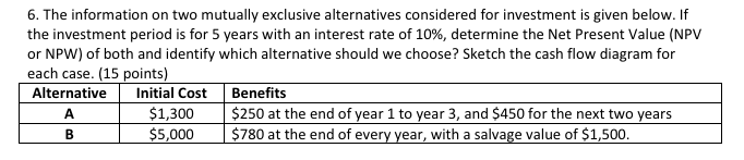 6. The information on two mutually exclusive alternatives considered for investment is