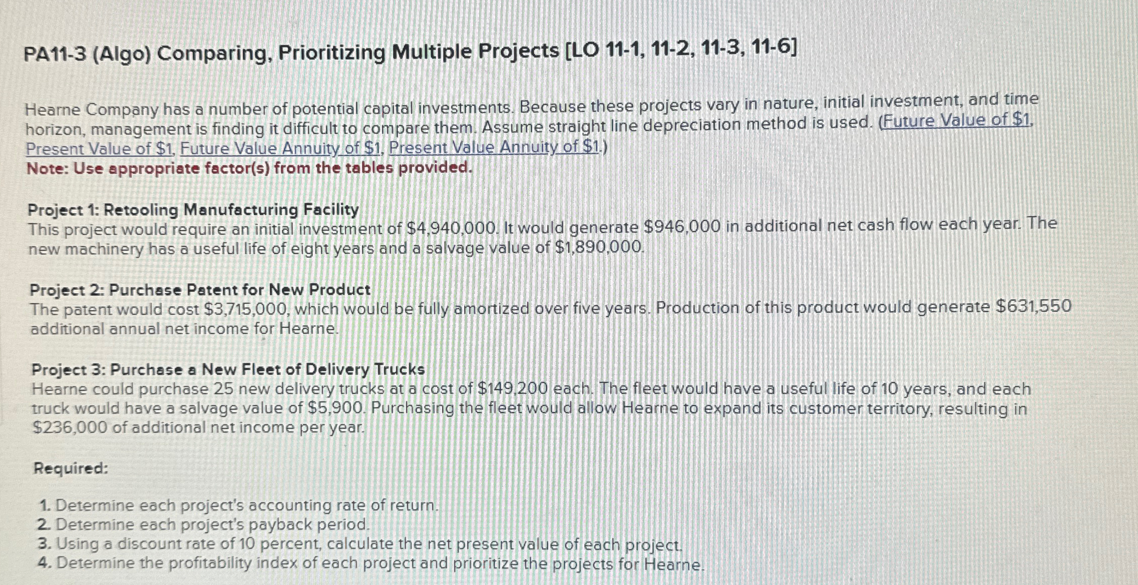 PA11-3 (Algo) Comparing, Prioritizing Multiple Projects [LO 11-1, 11-2, 11-3, 11-6] Hearne