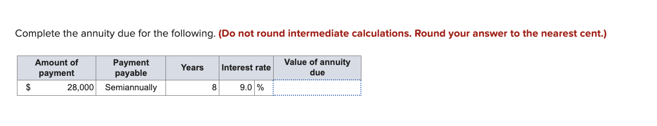 Complete the annuity due for the following. (Do not round intermediate calculations.