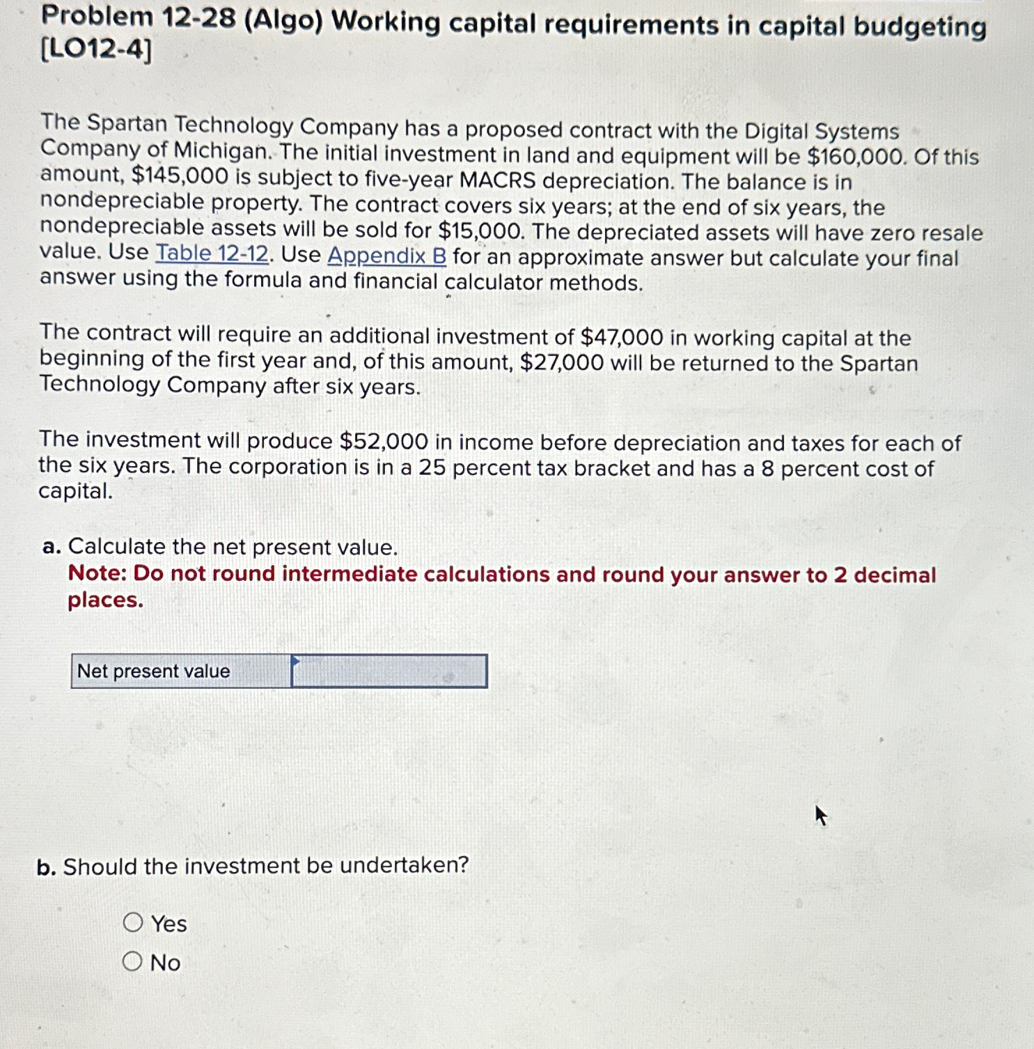 Problem 12-28 (Algo) Working capital requirements in capital budgeting [LO12-4] The Spartan
