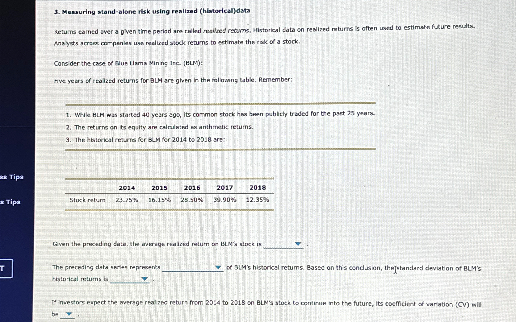 ss Tips s Tips 3. Measuring stand-alone risk using realized (historical) data