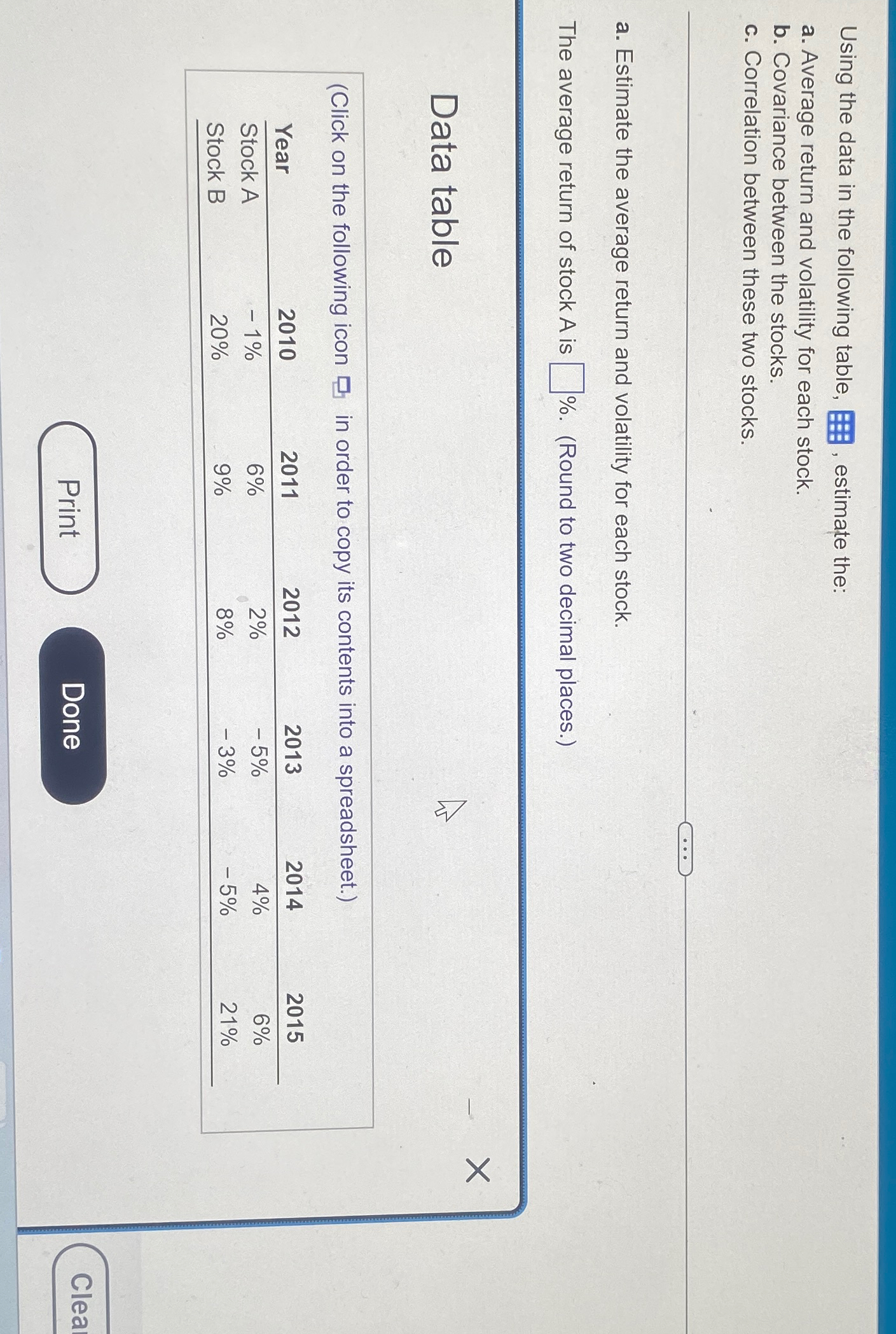 Using the data in the following table, ' estimate the: a. Average