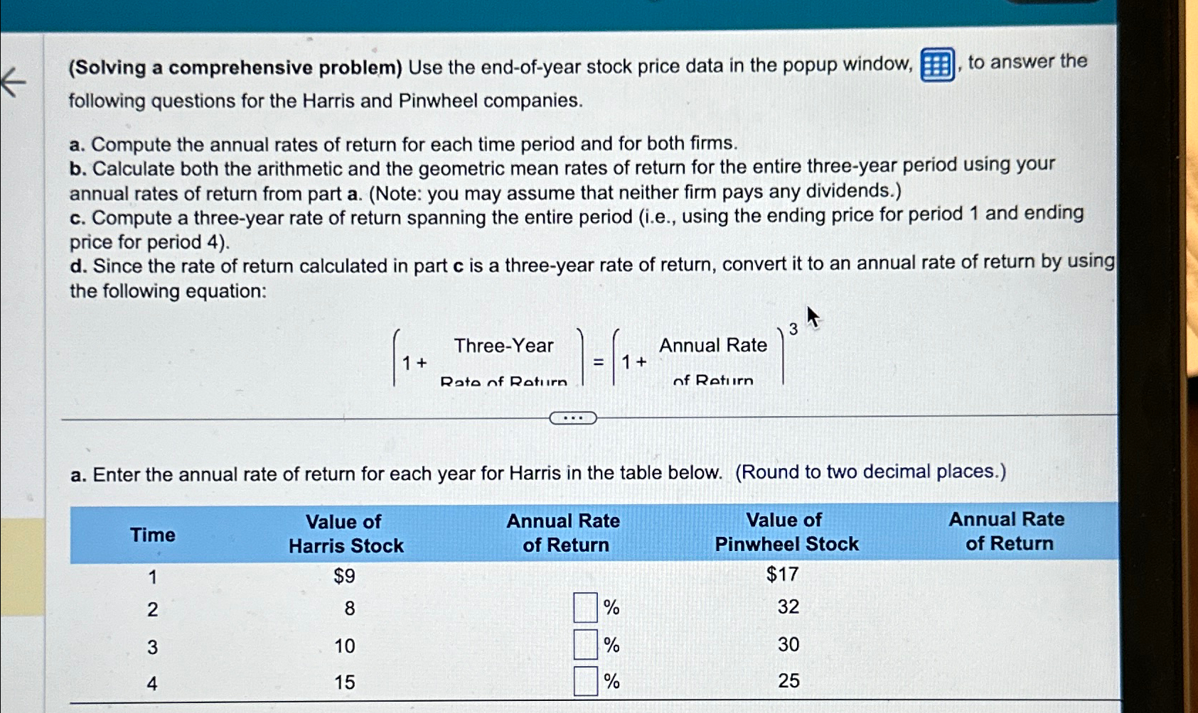 (Solving a comprehensive problem) Use the end-of-year stock price data in the