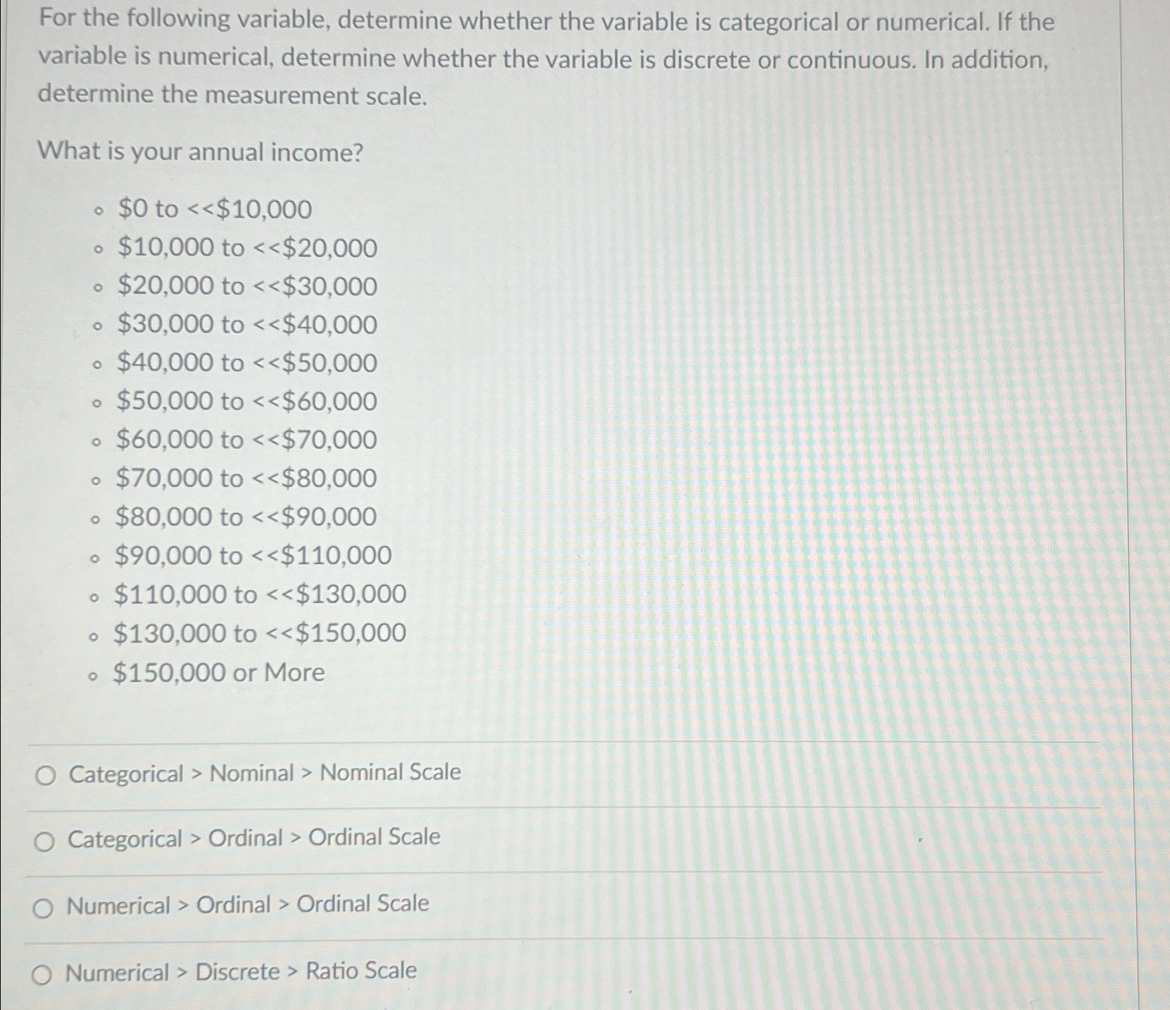 For the following variable, determine whether the variable is categorical or numerical.