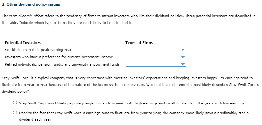 2. Other dividend policy issues The term clientele effect refers to the