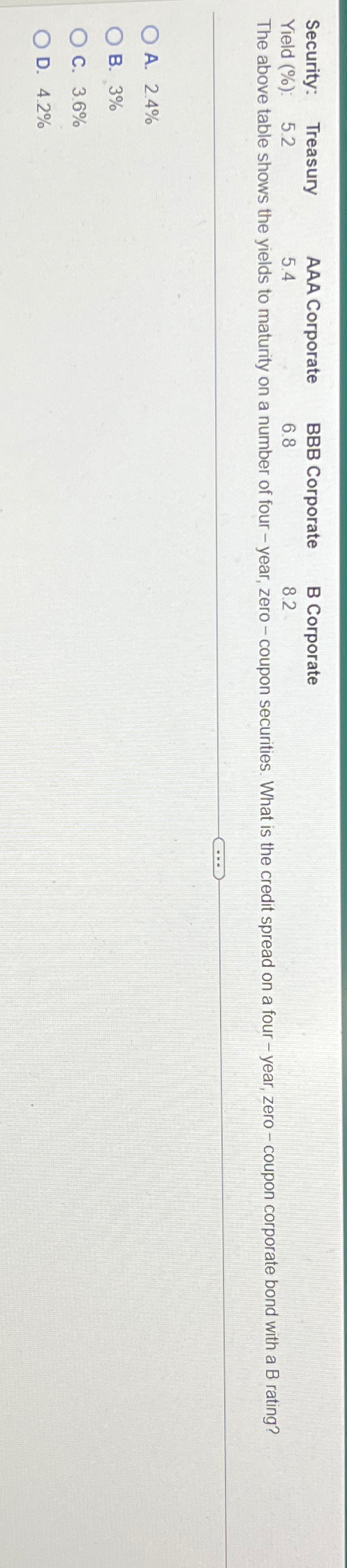 Security: Yield (%): Treasury 5.2 AAA Corporate 5.4 BBB Corporate 6.8 B