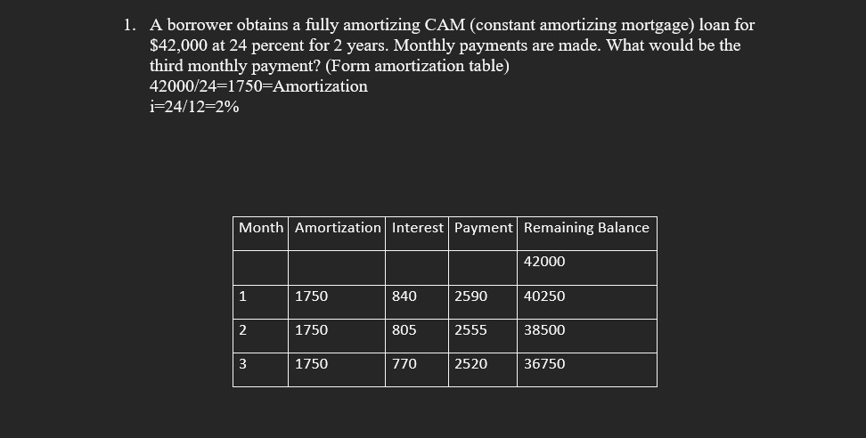 1. A borrower obtains a fully amortizing CAM (constant amortizing mortgage) loan