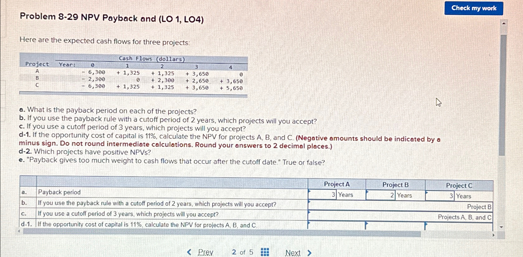 Problem 8-29 NPV Payback and (LO 1, LO4) Here are the expected