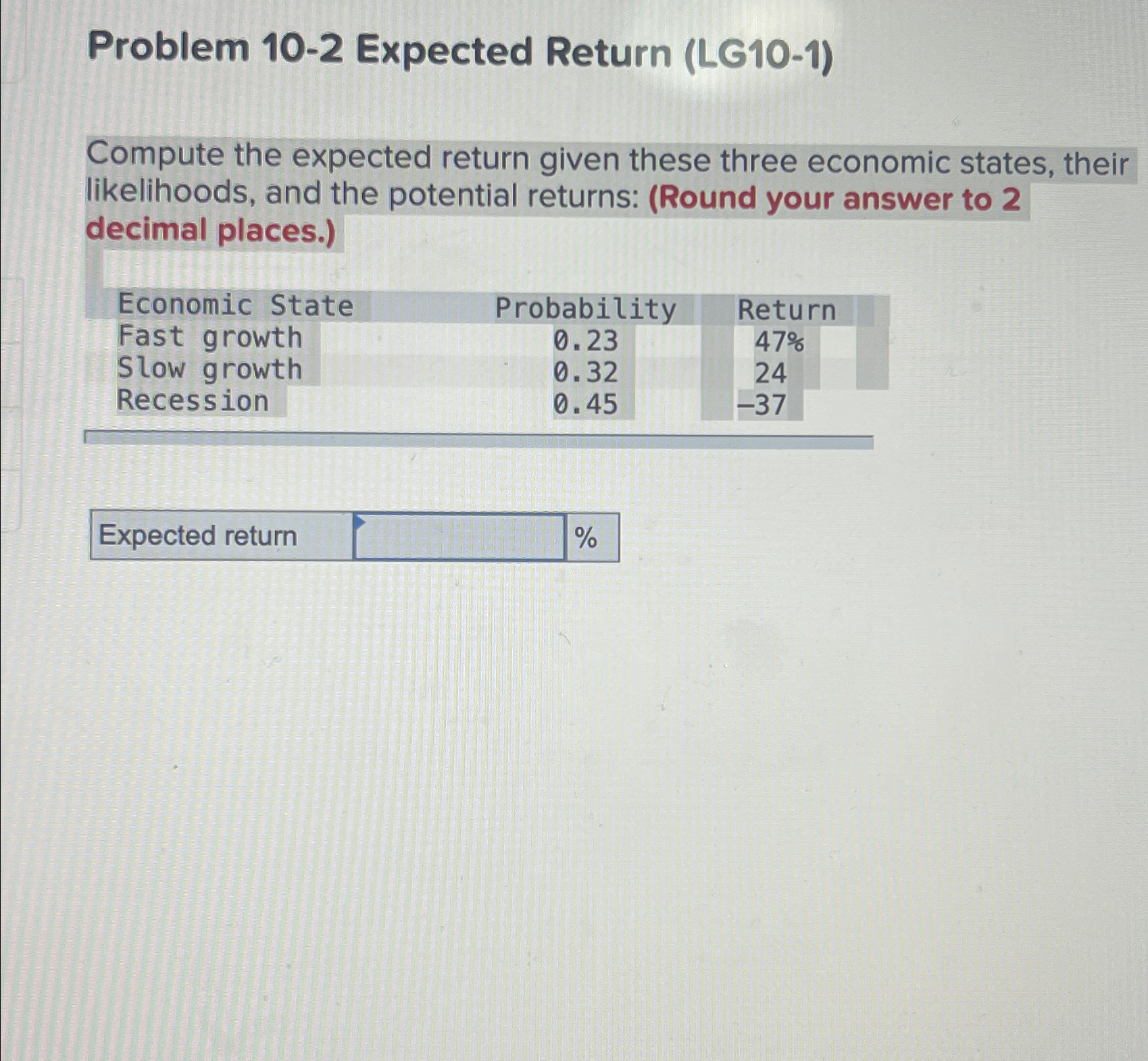Problem 10-2 Expected Return (LG10-1) Compute the expected return given these three