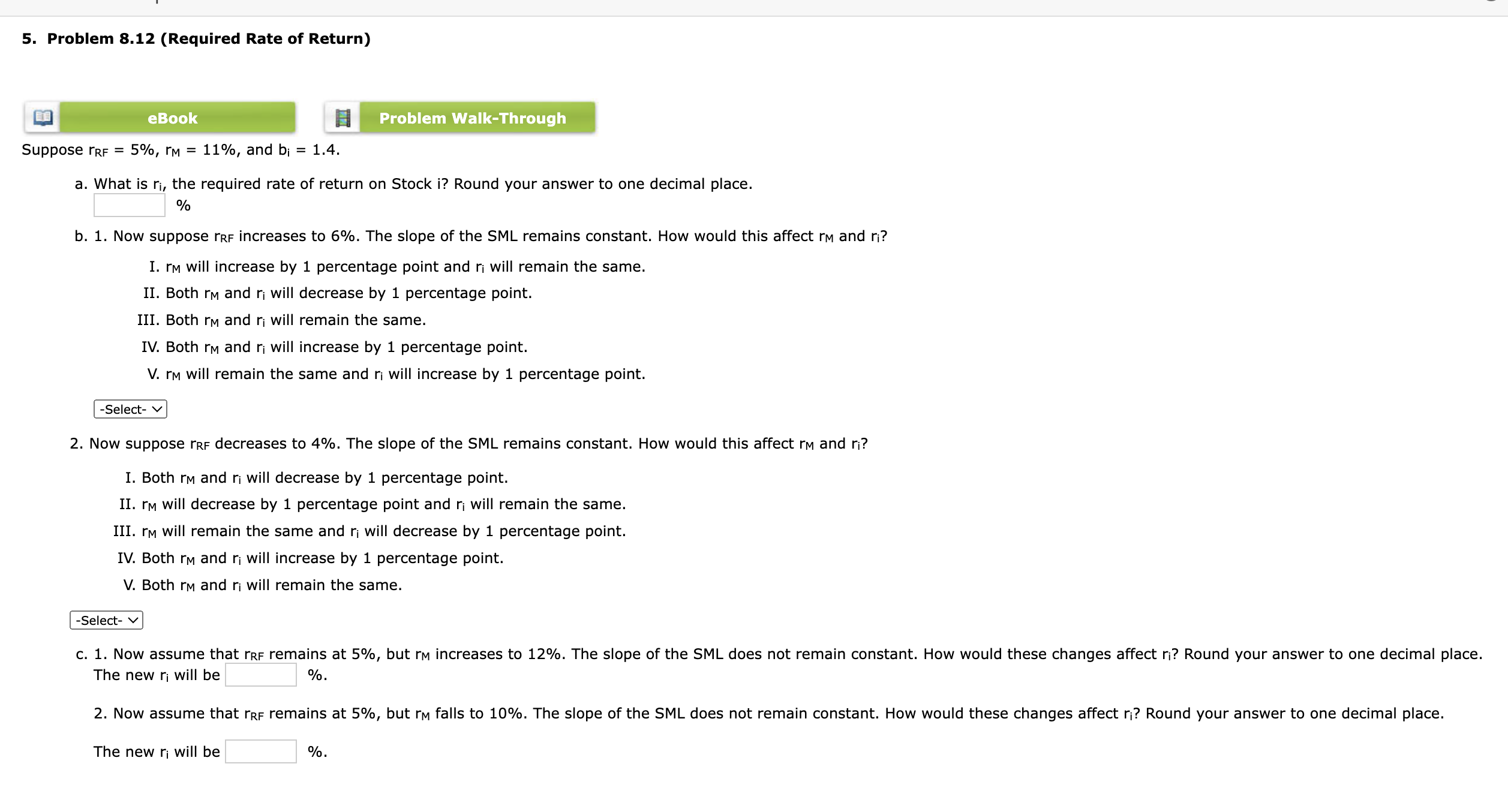 5. Problem 8.12 (Required Rate of Return) eBook Problem Walk-Through Suppose RF