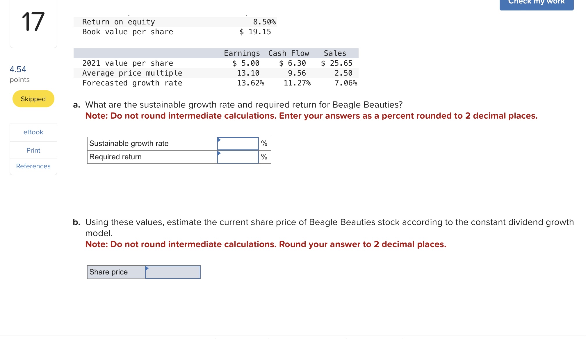 17 4.54 points Skipped Return on equity Book value per share 8.50%