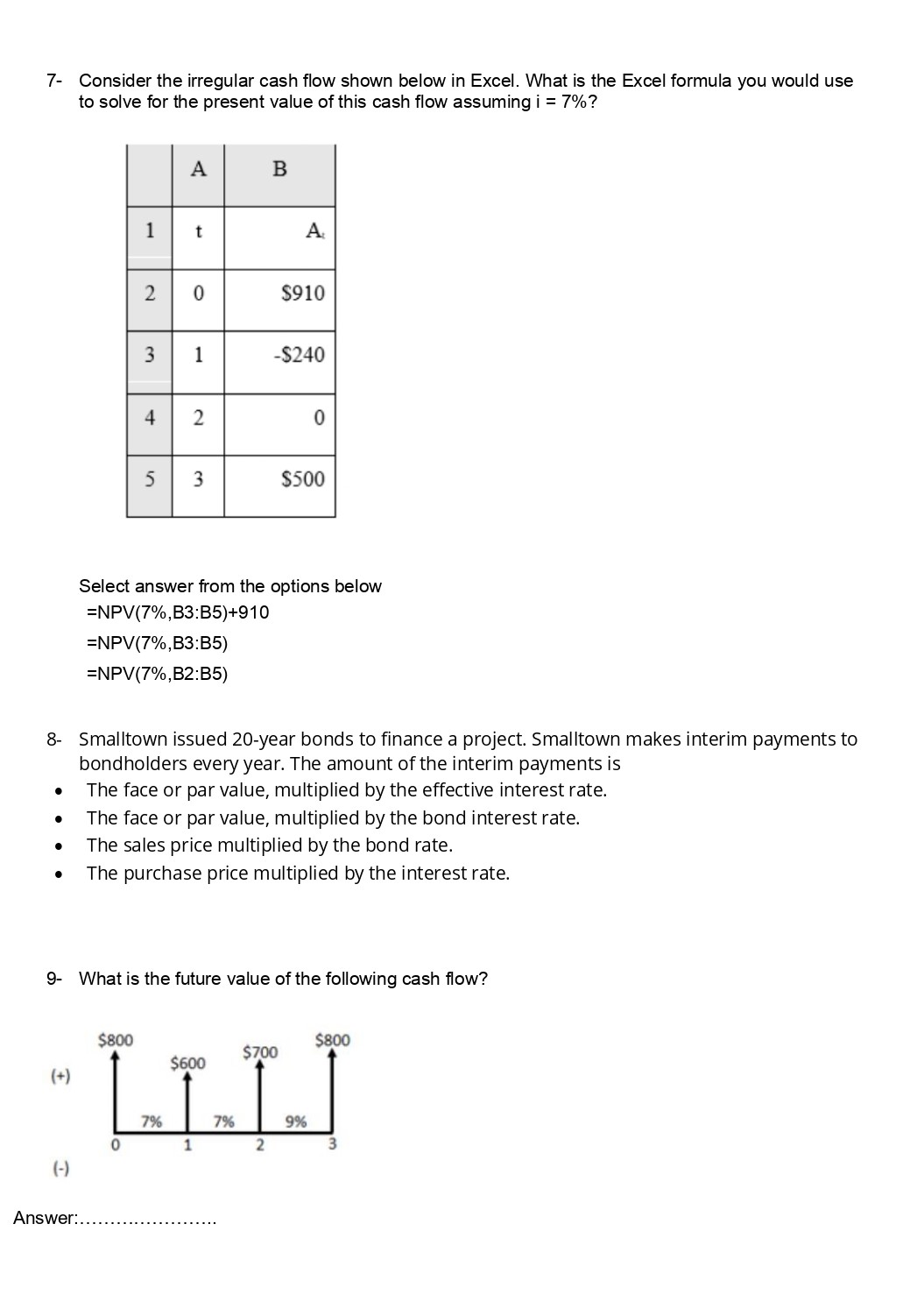 7- Consider the irregular cash flow shown below in Excel. What is