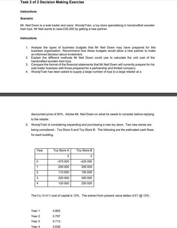 Task 2 of 2 Decision Making Exercise Instructions Scenario Mr. Neil Down