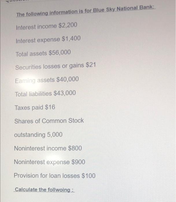 The following information is for Blue Sky National Bank: Interest income $2,200