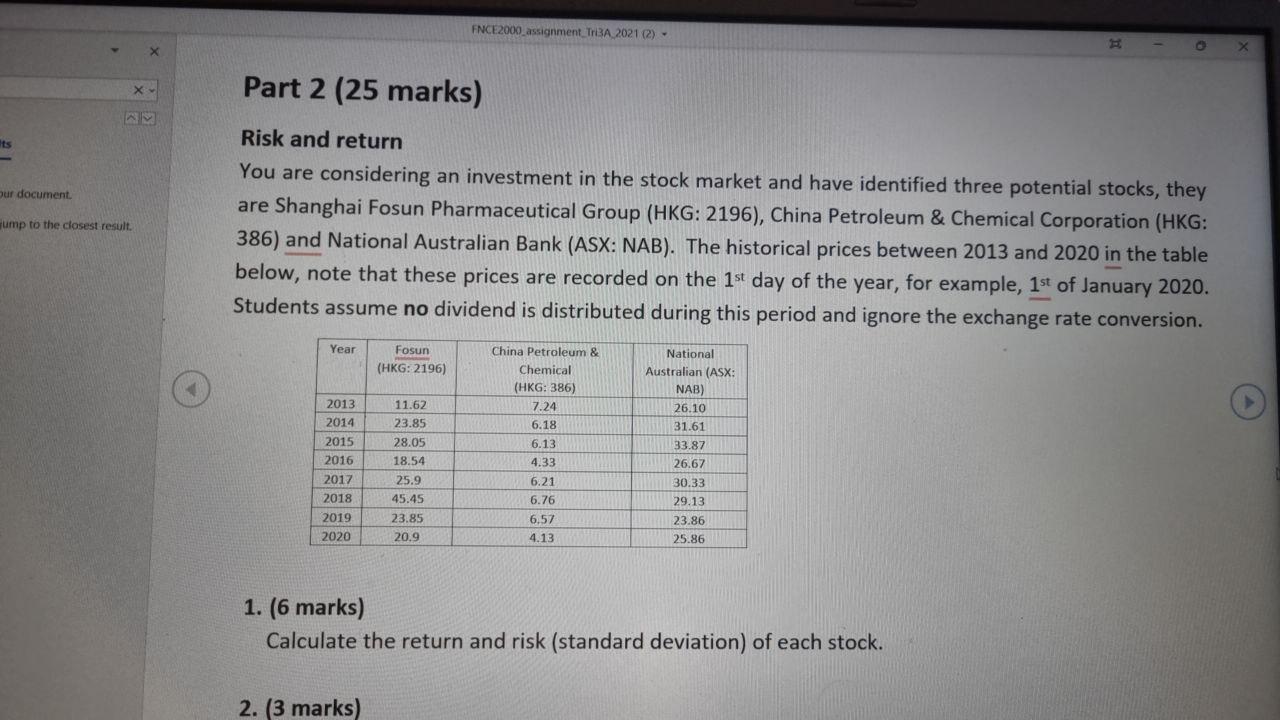 FNCE2000 assignment Tri3A 2021 (2) H X Our document. ump to the