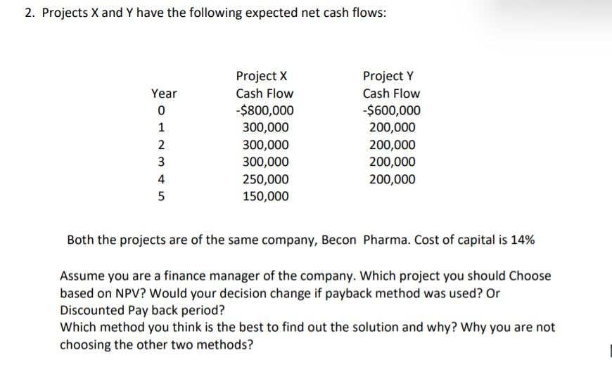 2. Projects X and Y have the following expected net cash flows: