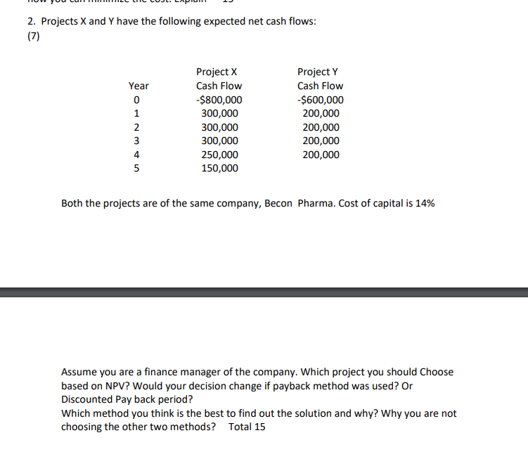 2. Projects X and Y have the following expected net cash flows: