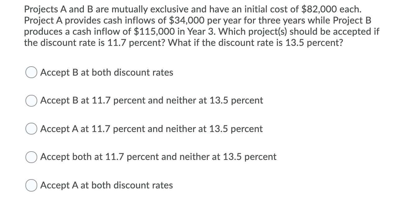 Projects A and B are mutually exclusive and have an initial cost