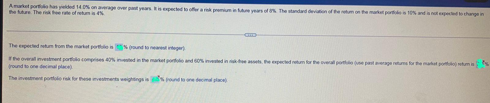 A market portfolio has yielded 14.0% on average over past years. It