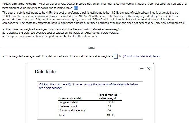 WACC and target weights After careful analysis, Dexter Brothers has determined that
