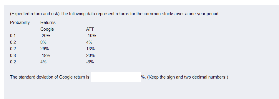 (Expected return and risk) The following data represent returns for the common