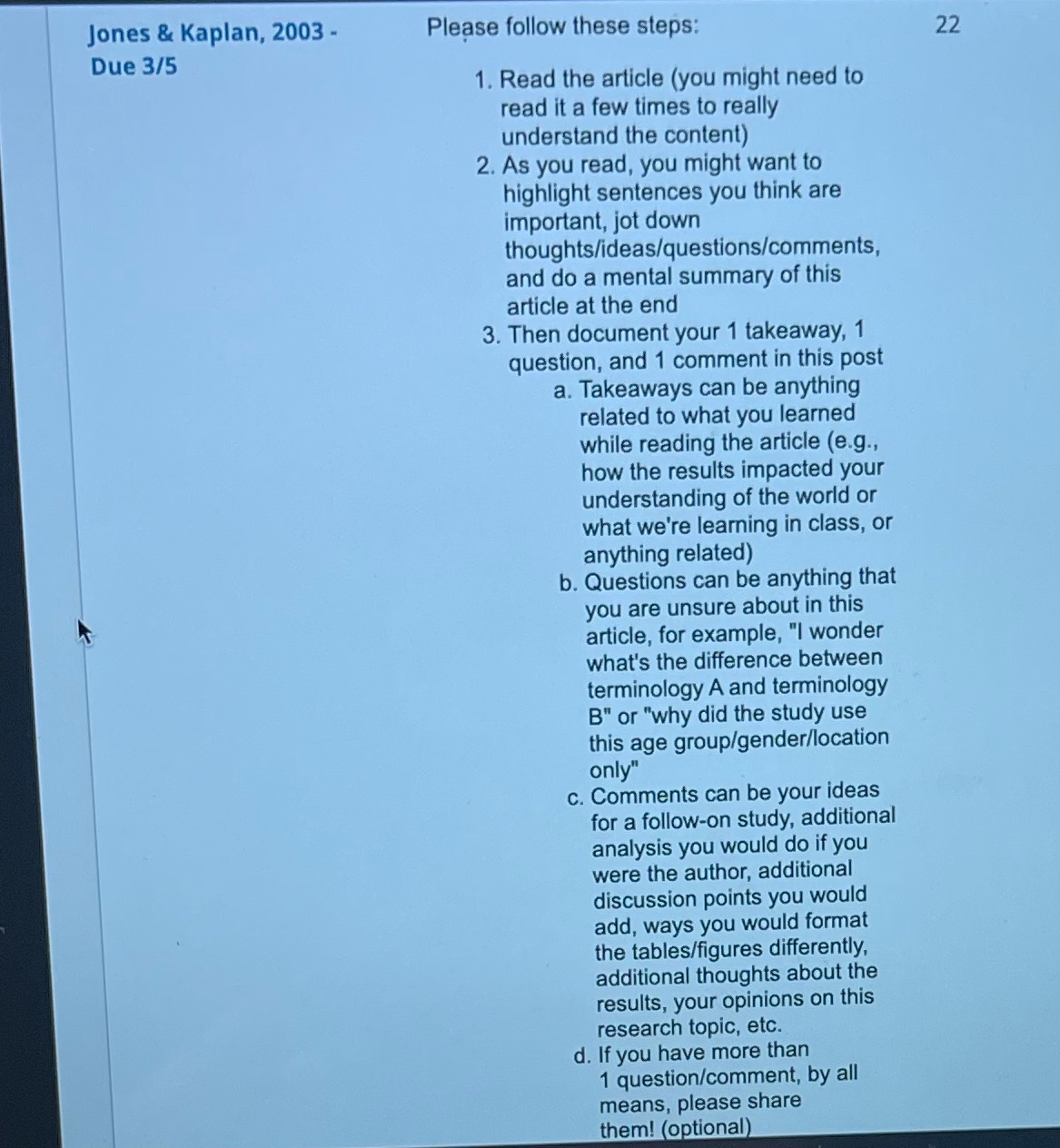 22 22 Jones & Kaplan, 2003- Due 3/5 Please follow these steps: