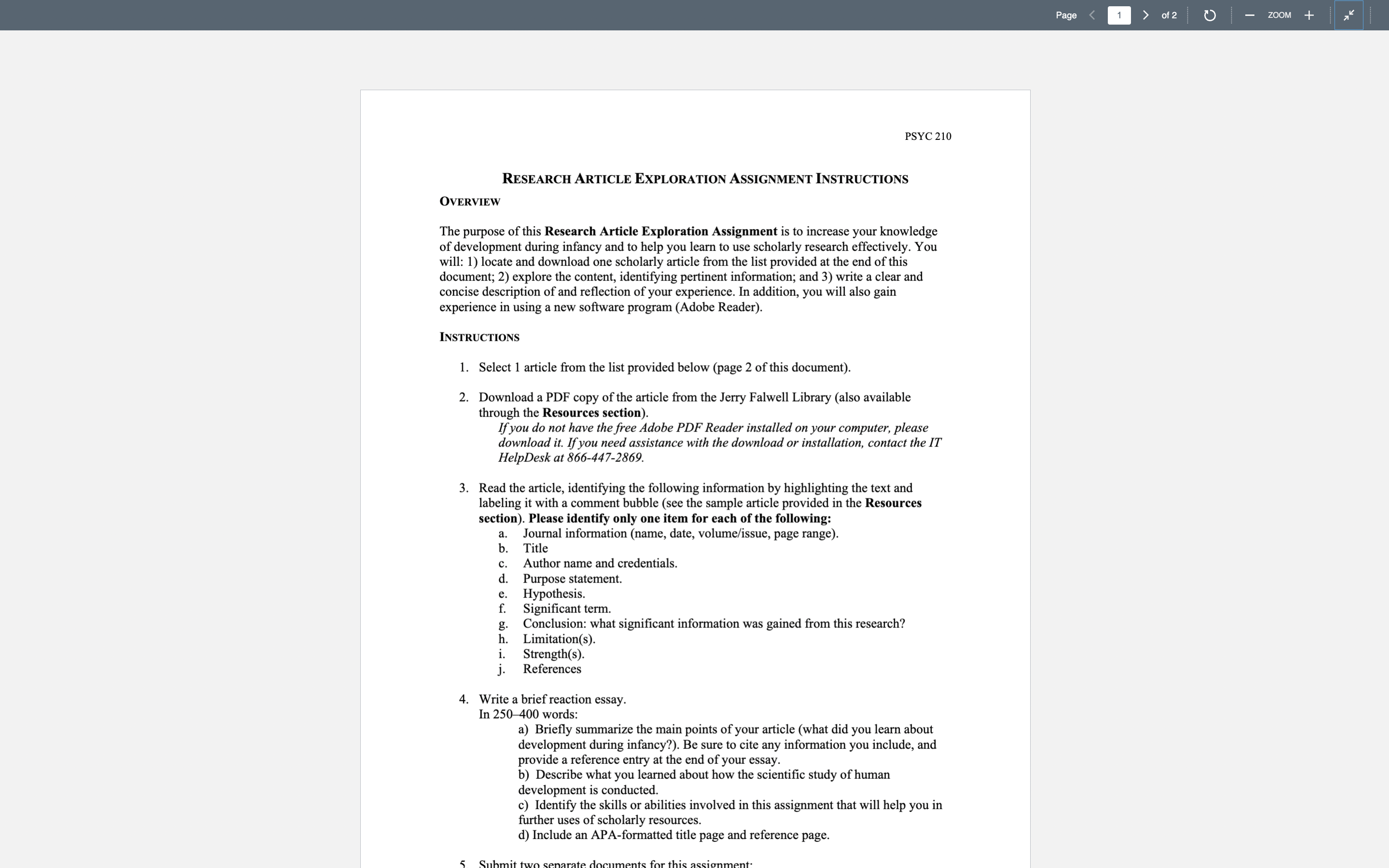 PSYC 210 OVERVIEW RESEARCH ARTICLE EXPLORATION ASSIGNMENT INSTRUCTIONS The purpose of this