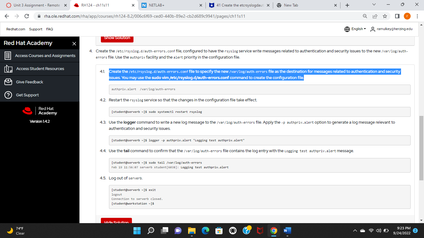 Unit 3 Assignment - Remote RH124 - ch11s11 N NETLAB+ x 41