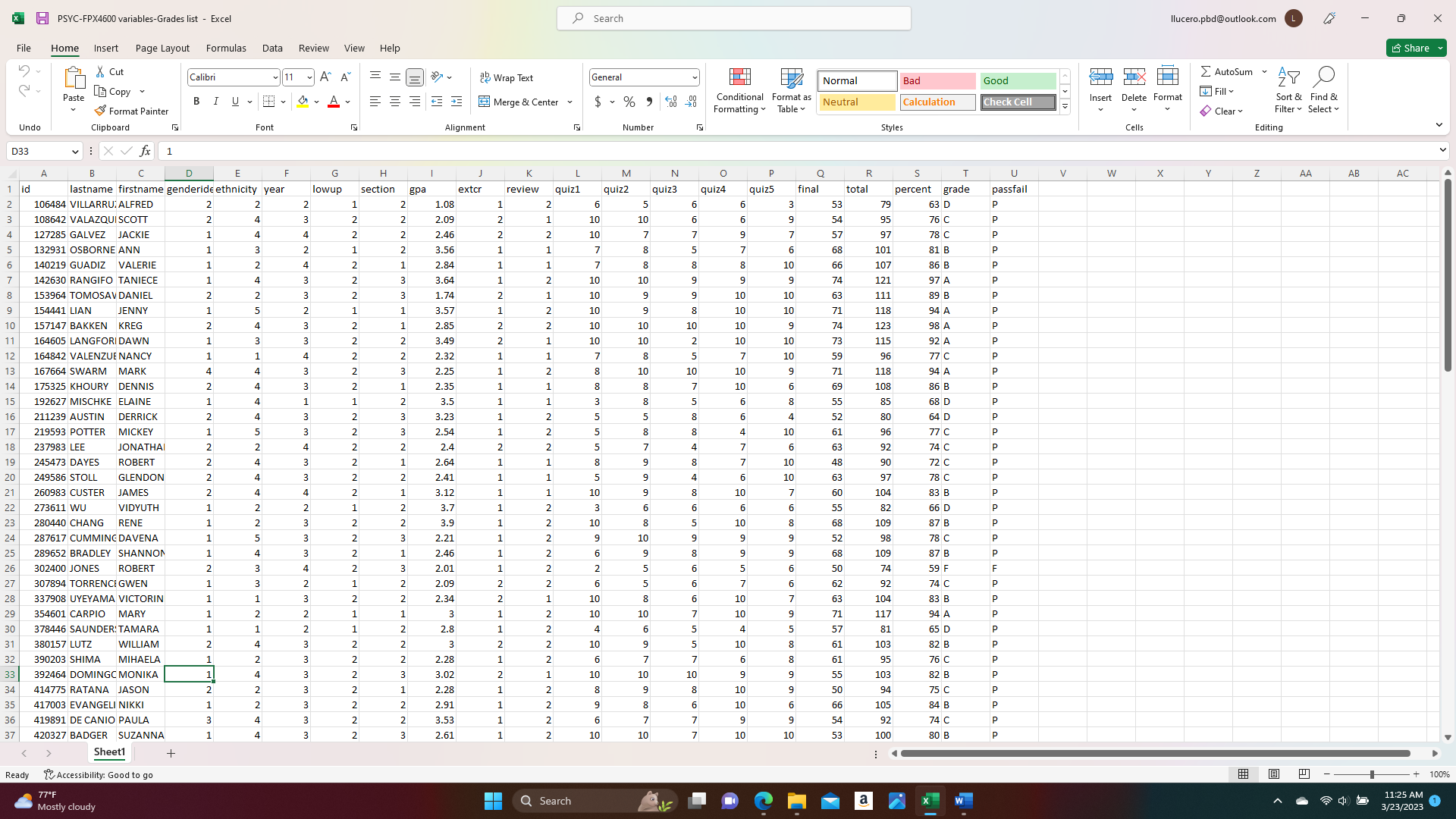 PSYC-FPX4600 variables-Grades list Excel File Home Insert Page Layout Formulas Data Review