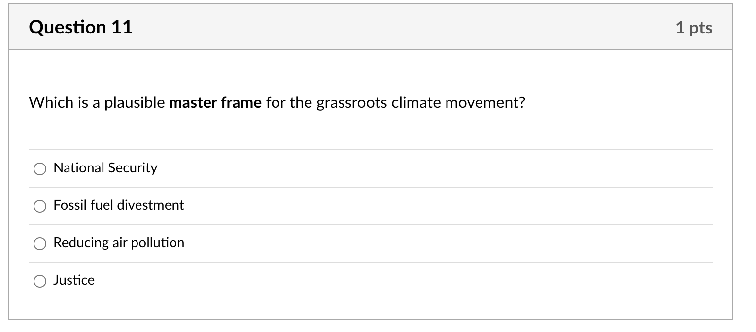 Question 11 Which is a plausible master frame for the grassroots climate