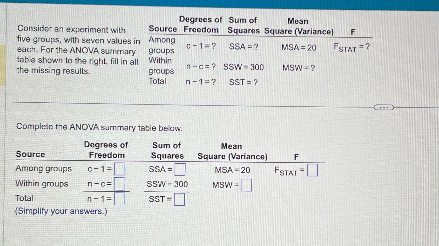 Consider an experiment with five groups, with seven values in each. For