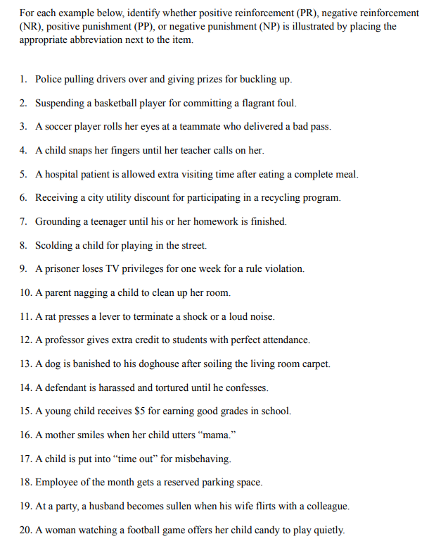 For each example below, identify whether positive reinforcement (PR), negative reinforcement (NR),
