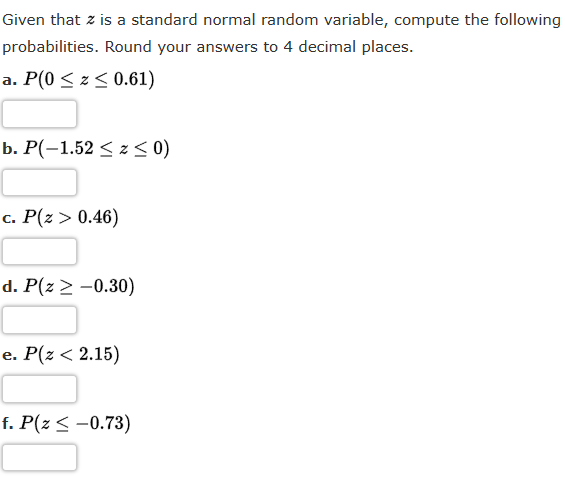 Given that z is a standard normal random variable, compute the following