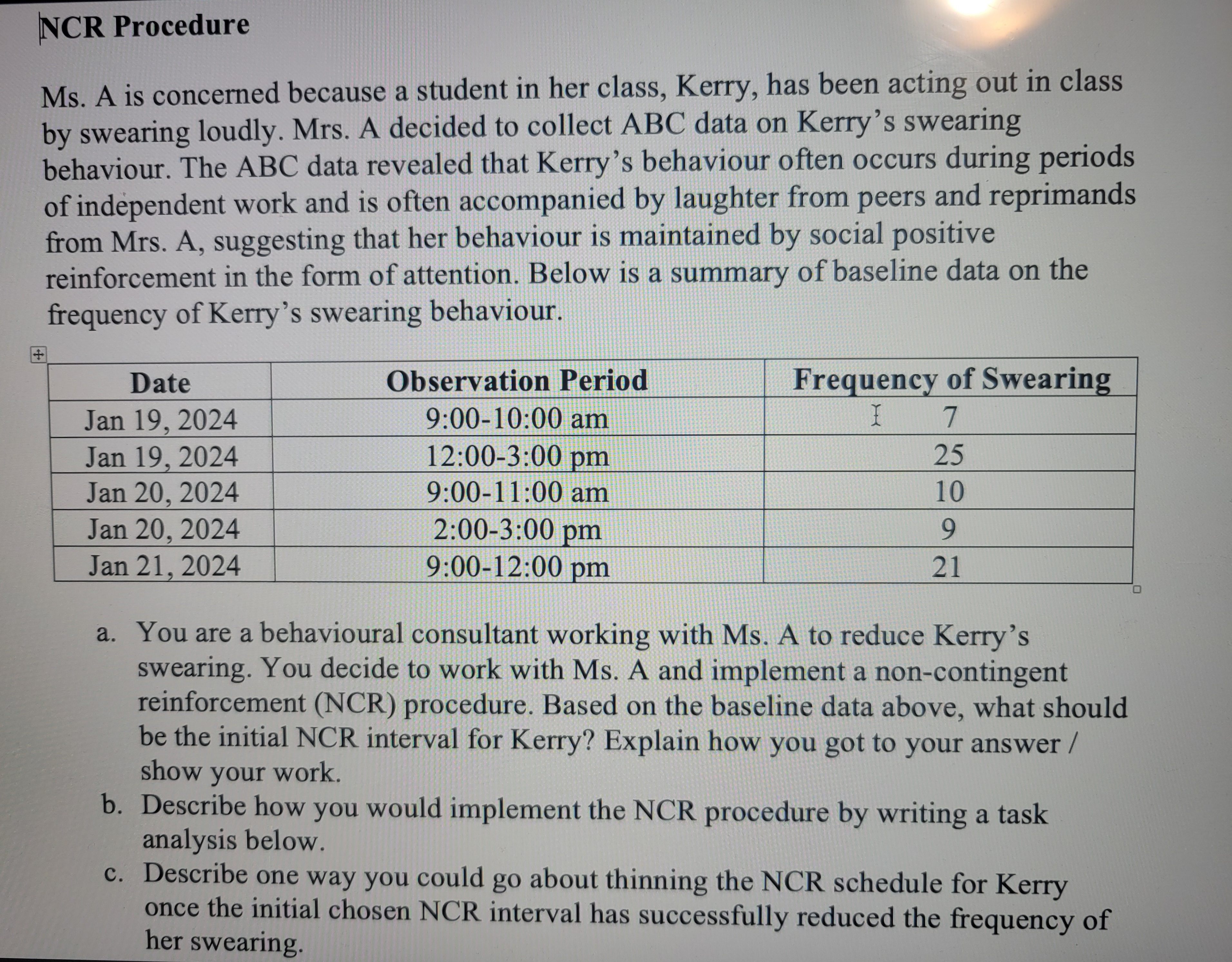 + NCR Procedure Ms. A is concerned because a student in her