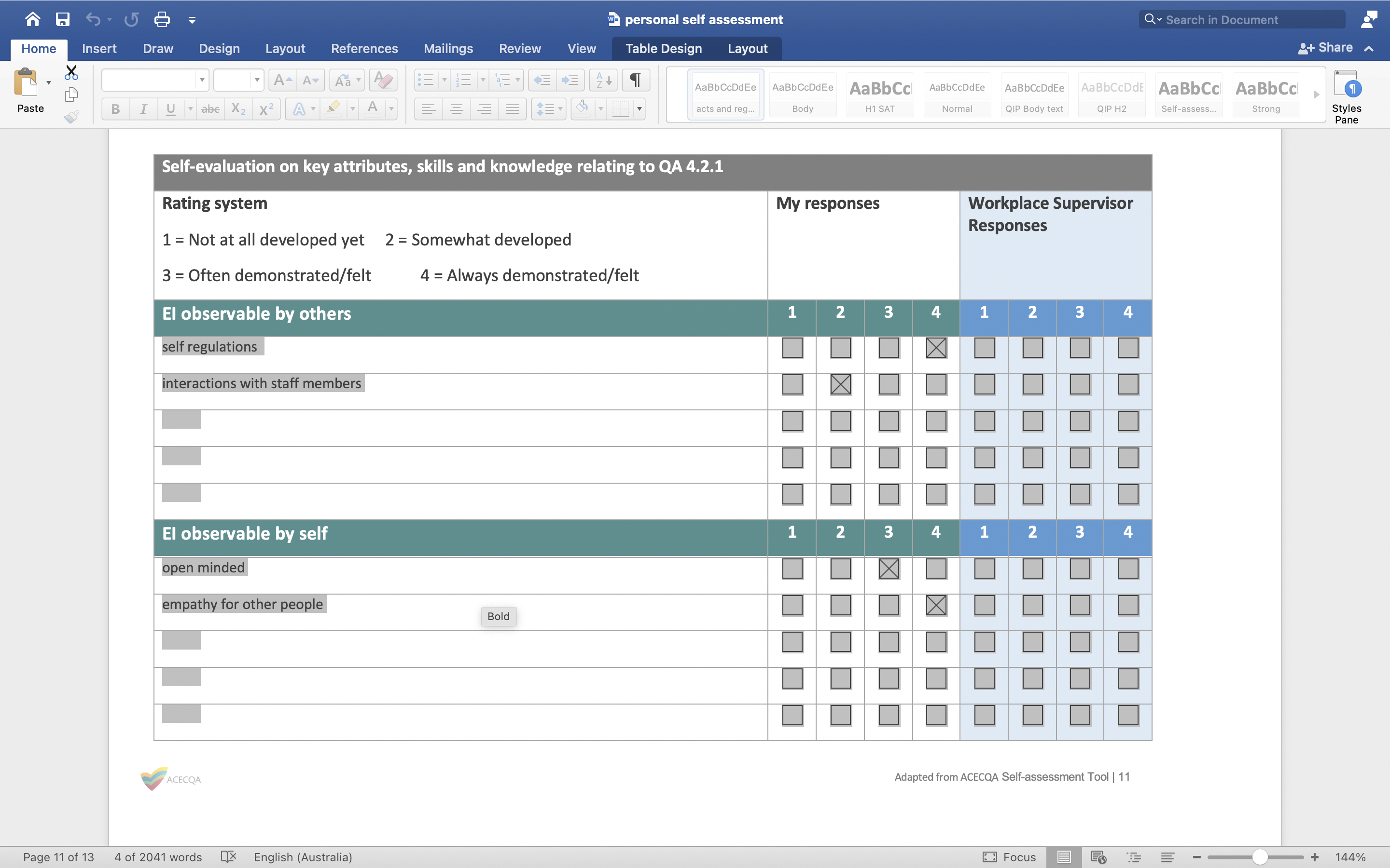 U abe X2 X2 A W= personal self assessment Q Search in